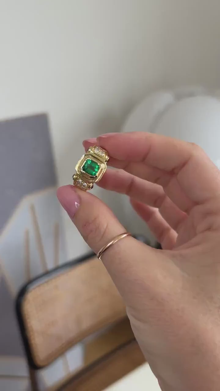Vintage Colombian Emerald, Diamond and Ruby Ring on Yellow Gold