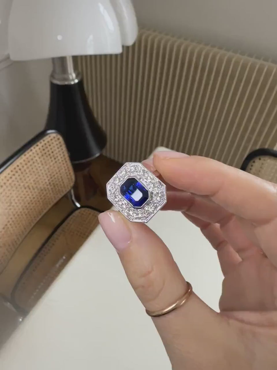 Platinum Art Deco Hexagonal Sapphire and Diamond Ring