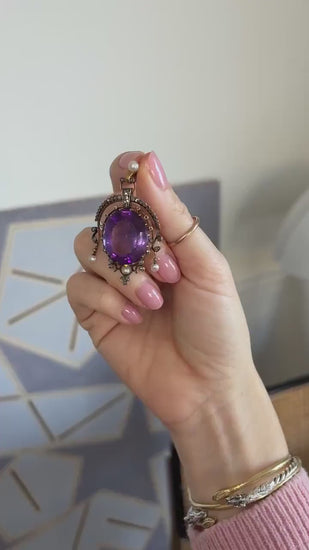 Antique Amethyst Diamond and Pearl Pendant on Rose Gold and Silver