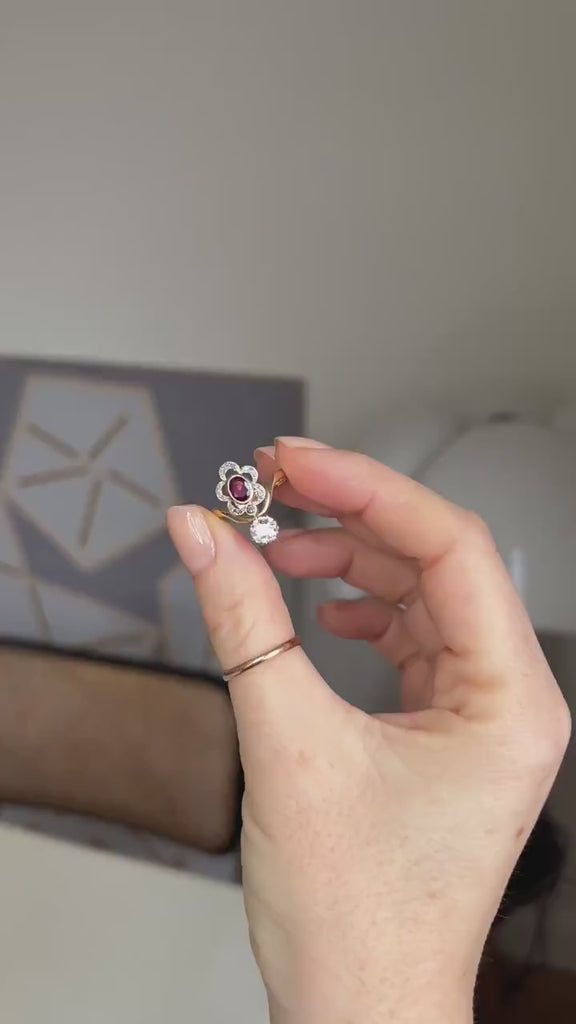 Belle Epoque Duchess Ring with Rubies and Diamonds on Yellow Gold and Platinum