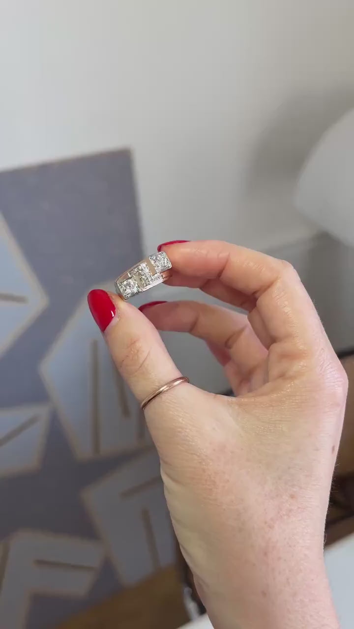 Asymmetrical Tank Ring with 1.20 Cts Diamonds on Rose Gold and Platinum
