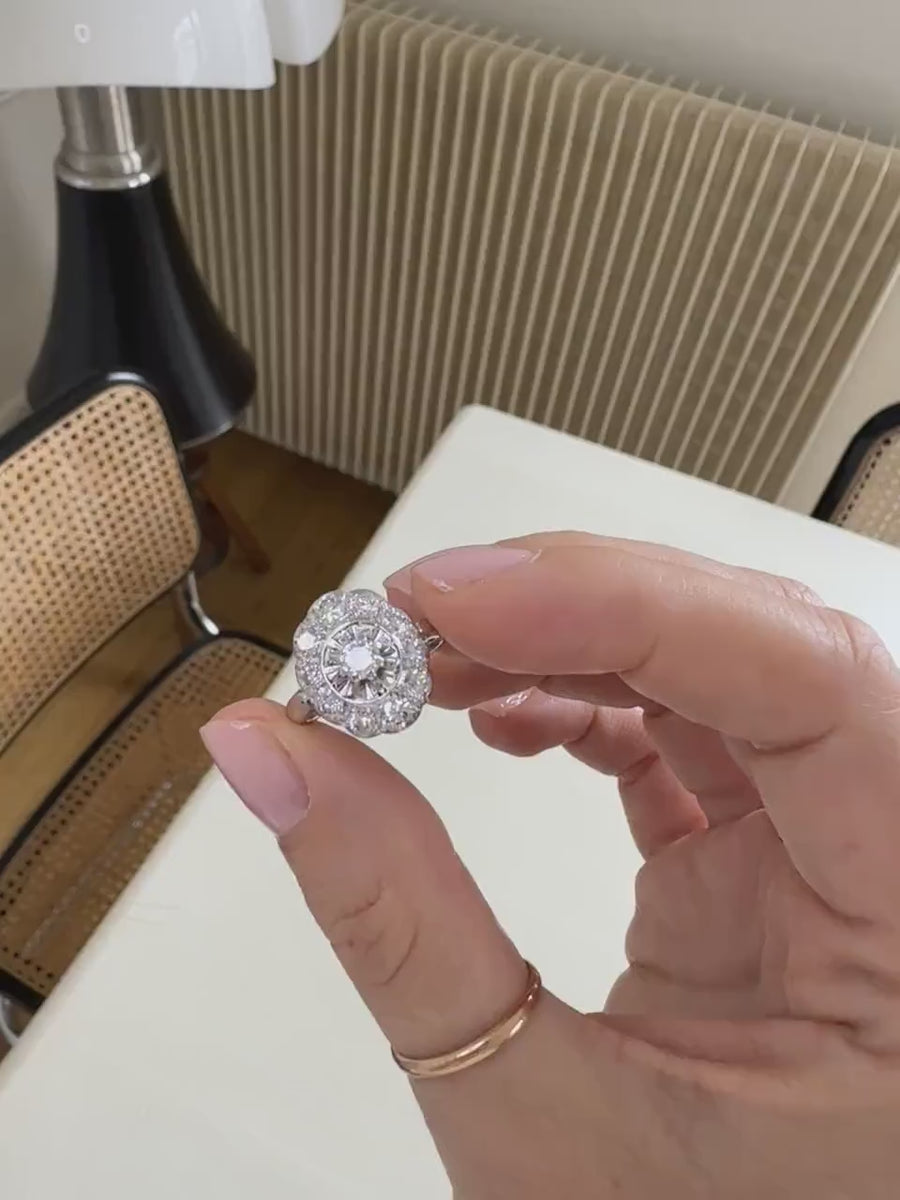 Art Deco Marguerite Oval Ring Diamonds on Gold and Platinum