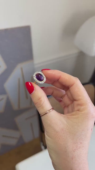 Pompadour Ring Amethyst Cabochon Surrounded by Diamonds on Gold and Platinum