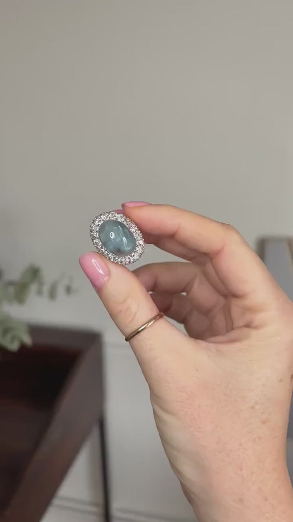 Cabochon Aquamarine and Diamonds on Gold and Platinum Art Deco Daisy Ring