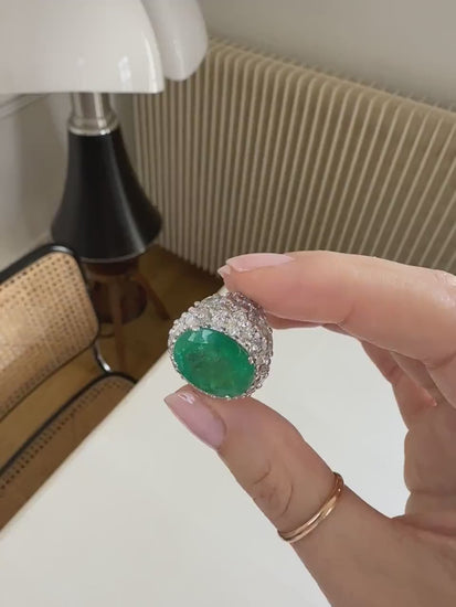 11.53 Cts Colombian Emerald Cocktail Ring with Navettes Diamonds on White Gold