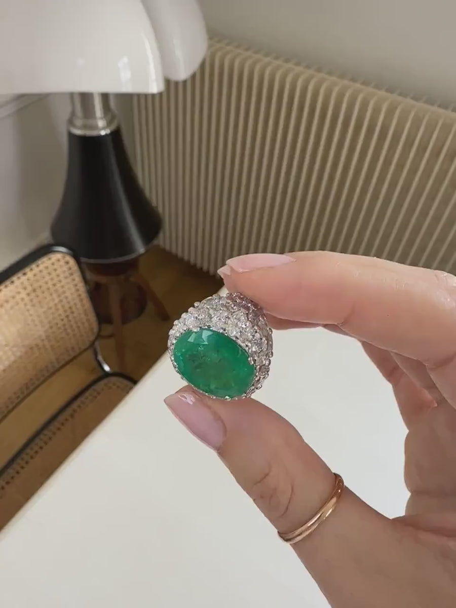 11.53 Cts Colombian Emerald Cocktail Ring with Navettes Diamonds on White Gold