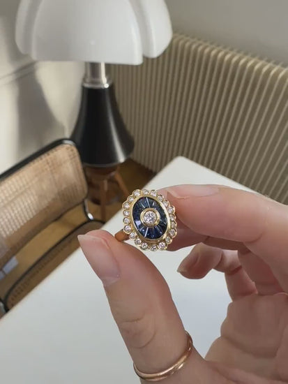 Oval Art Deco Ring Calibrated Diamonds and Sapphires on Yellow Gold