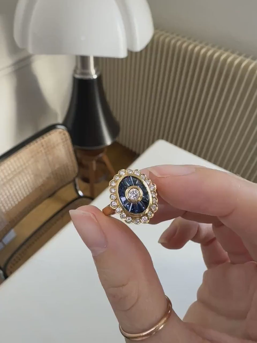 Oval Art Deco Ring Calibrated Diamonds and Sapphires on Yellow Gold