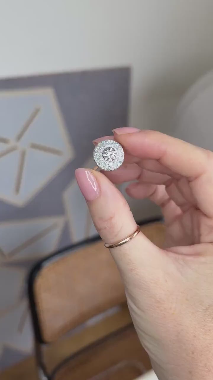 Art Deco Double Entourage Diamond Target Ring 0.60 Ct on White Gold and Platinum