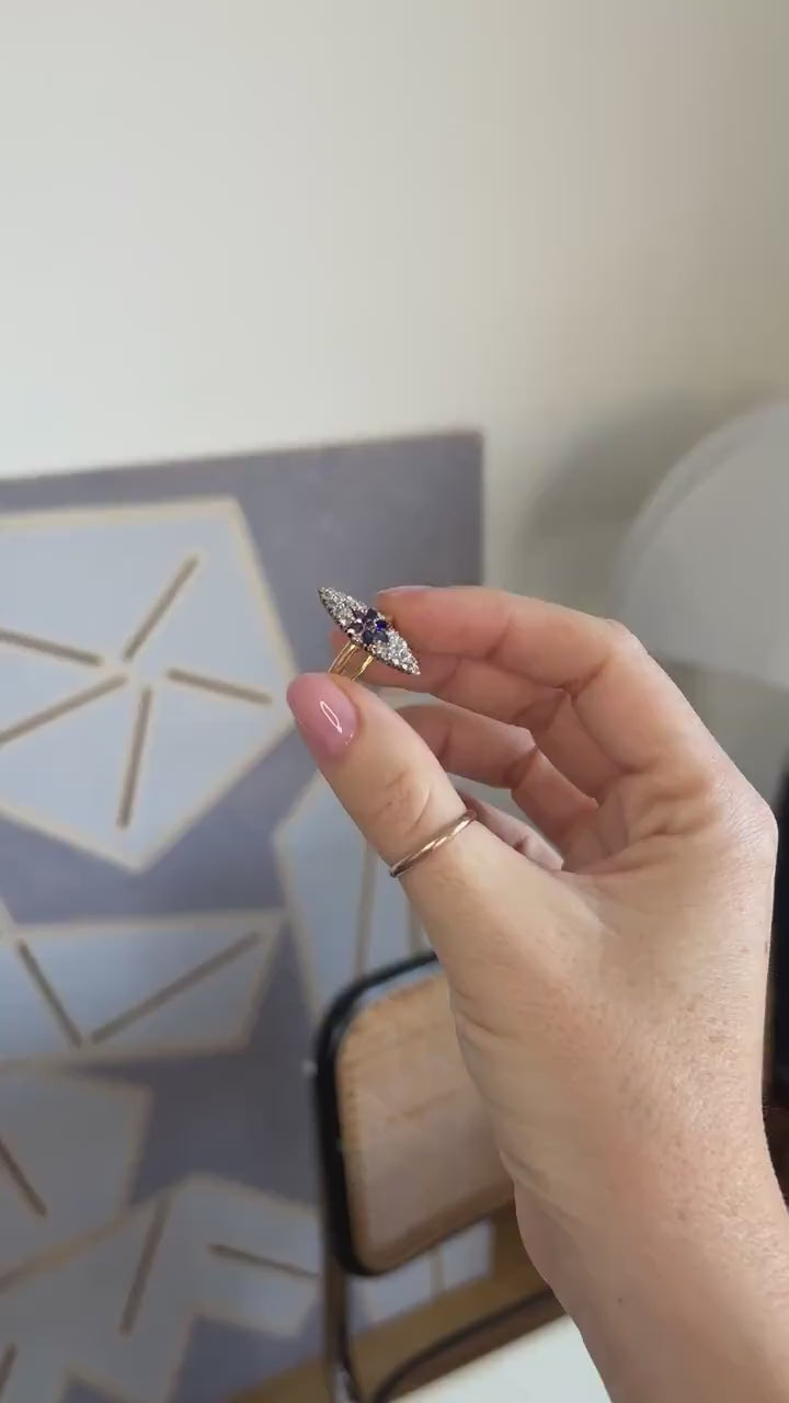 Antique Marquise Sapphire Star Ring Surrounded by Diamonds on Yellow Gold and Platinum