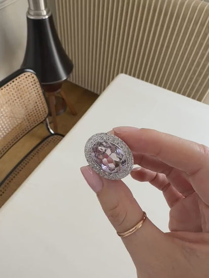 Large Oval Art Deco Amethyst and Diamond Ring on White Gold and Platinum