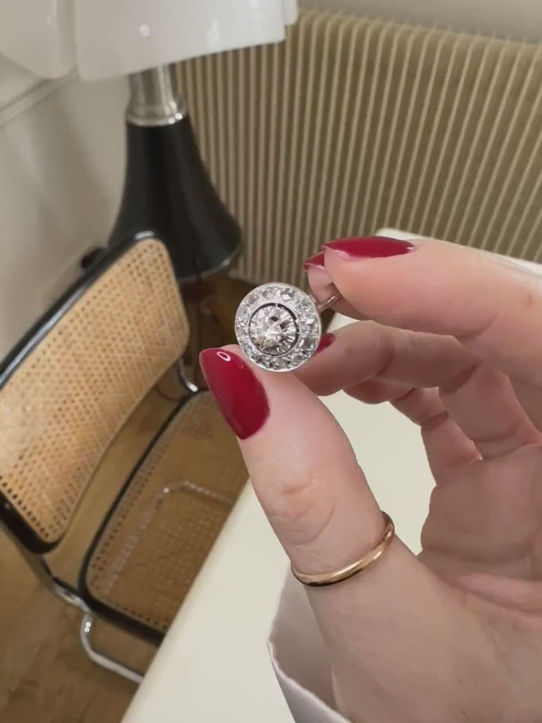 Art Deco round diamond target ring in gold and platinum
