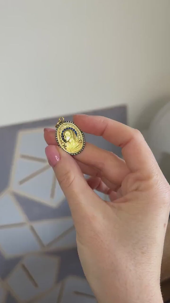 Antique Virgin Mary Medal with Openwork Enamel and Fine Pearls on Yellow Gold