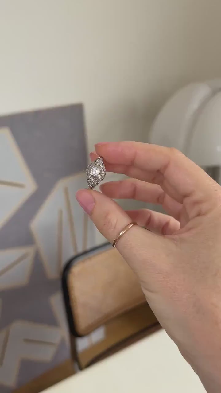 Art Deco Openwork Dome Diamond Ring on White Gold and Platinum