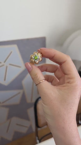 Cocktail Ring Flower Peridot Diamonds Yellow Gold 50s