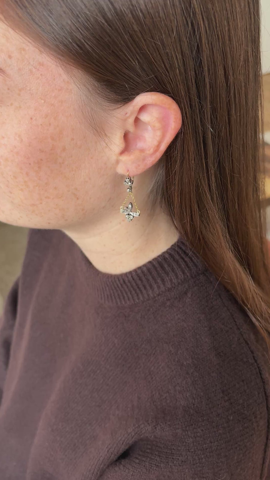 Antique Trefoil and Flower Diamond Sleeper Earrings