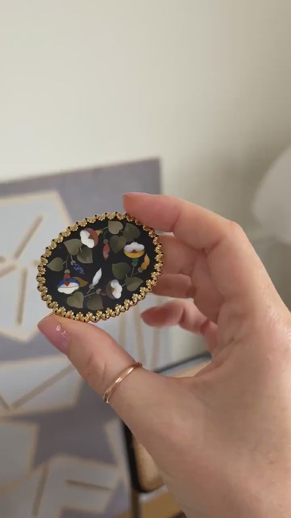 Pietra Dura Antique Flower Brooch Mosaic Stones on Yellow Gold