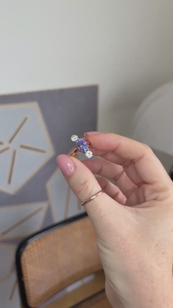 Belle Epoque Ring Unheated Ceylon Sapphire 3.30 Cts and Diamonds on Rose Gold and Platinum
