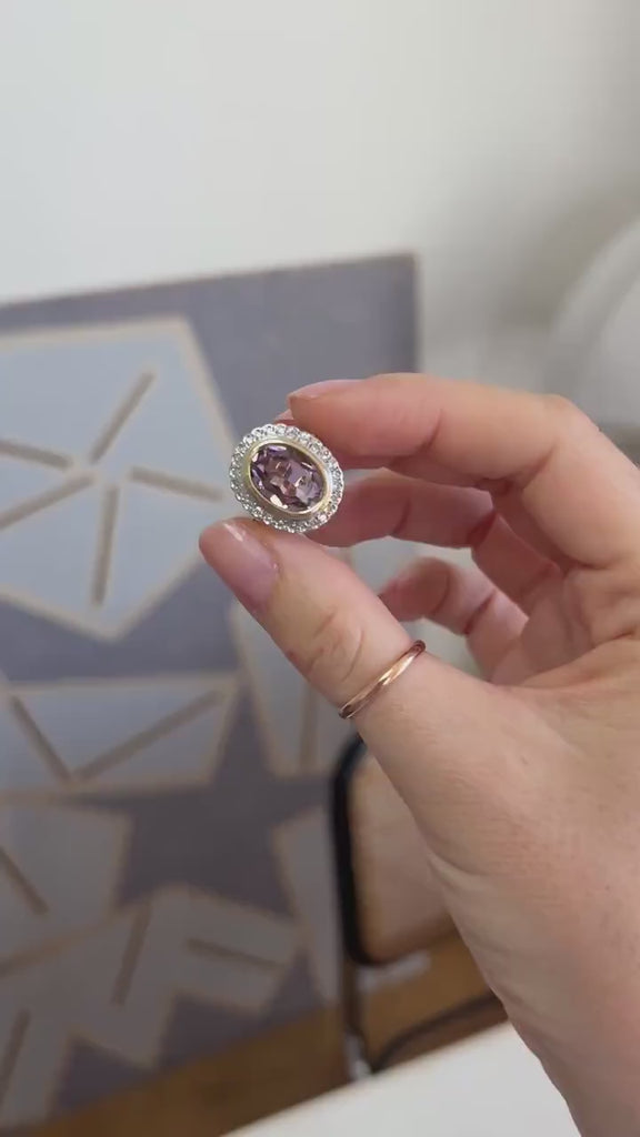 Oval Amethyst and Diamond Art Deco Style Ring on Yellow and White Gold