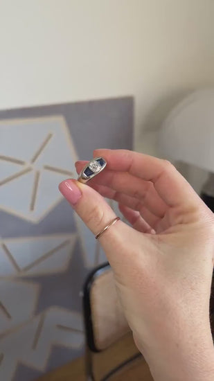 Art Deco Ring with 1.50 Carat Cushion Cut Diamond and Sapphires on White Gold