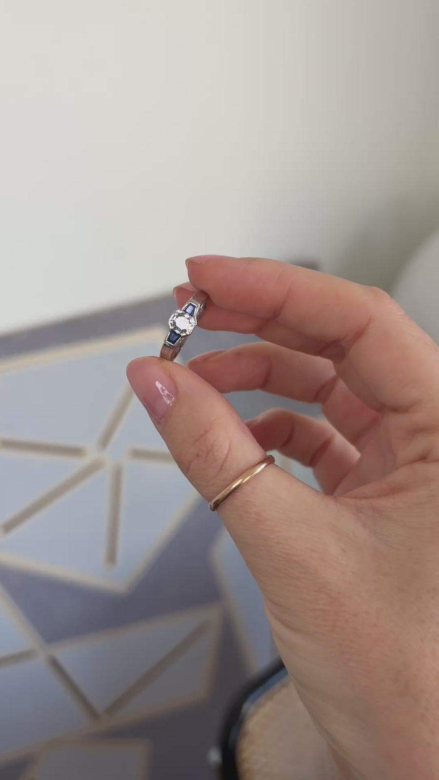 Square Diamond and Sapphires on Platinum Art Deco Ring