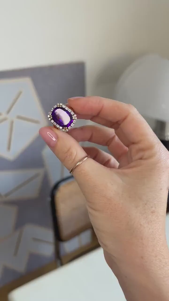 Cocktail Ring Amethyst and Diamonds on Rose Gold and Platinum 60s