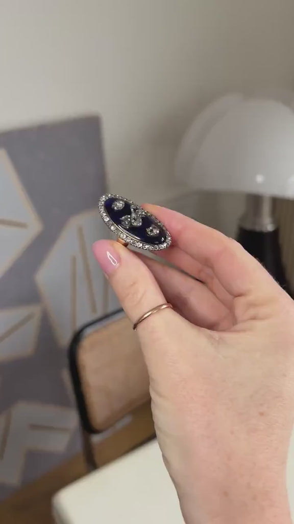 18th Century Navette Ring with Diamonds, Blue Enamel, Gold, and Silver