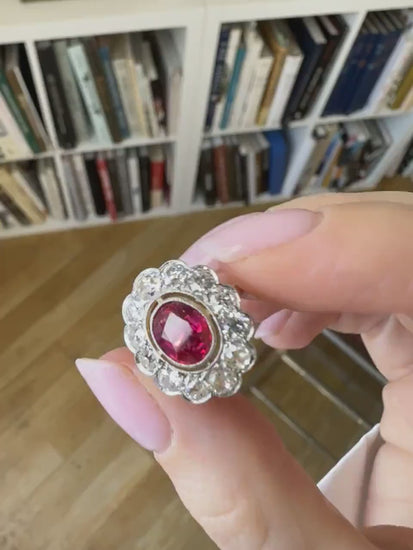 Antique daisy ring, unheated Burmese ruby 1.60 Cts surrounding diamonds