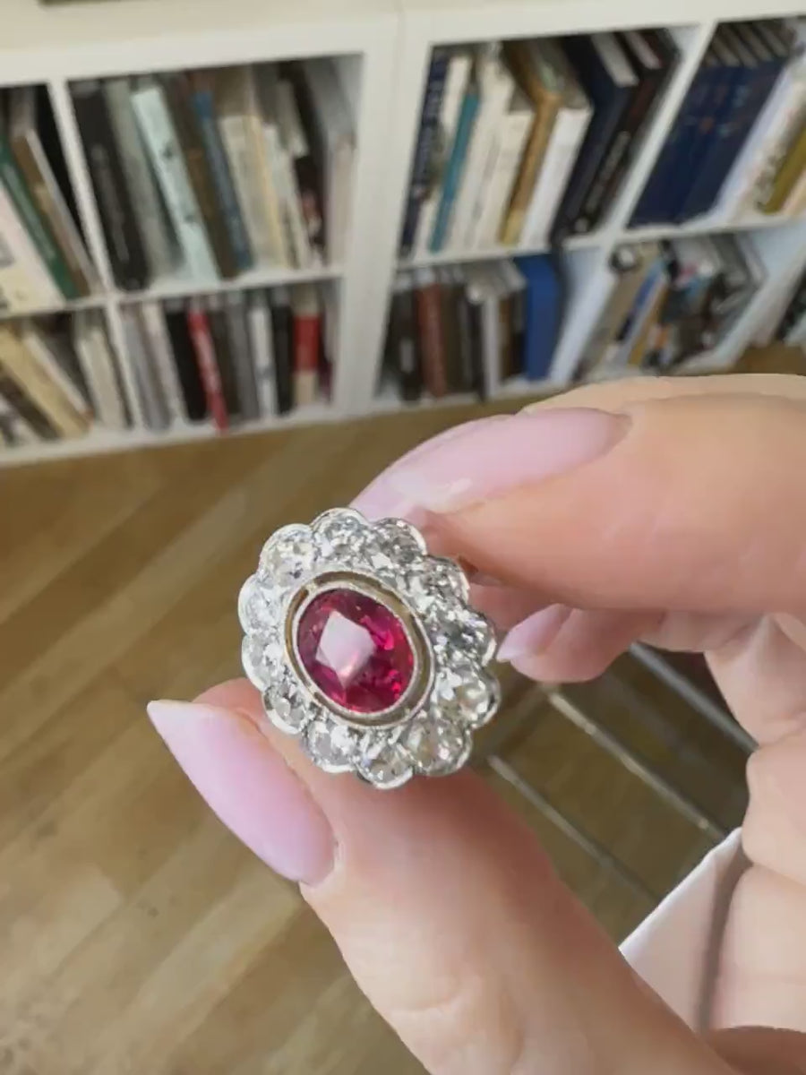 Antique daisy ring, unheated Burmese ruby 1.60 Cts surrounding diamonds