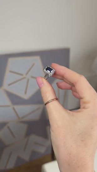 Art Deco Ring with Octagonal Synthetic Sapphire Surrounded by Diamonds on Gold and Platinum