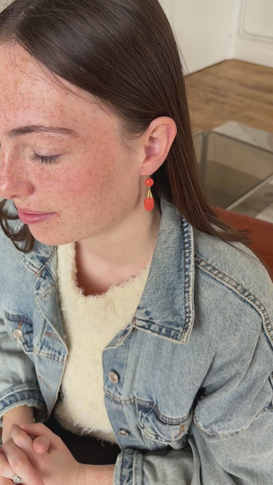 Antique Coral and Diamond Drop Earrings