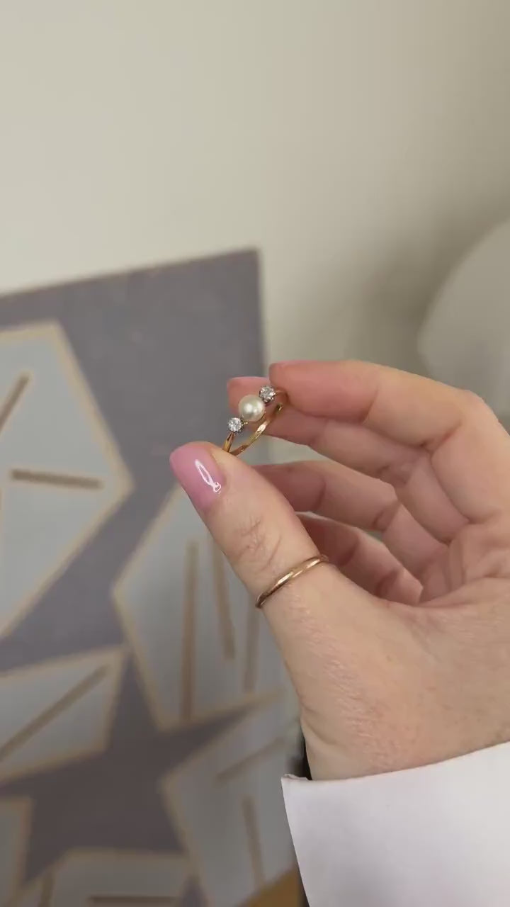 Antique Fine Pearl and Diamond Ring on Gold and Platinum