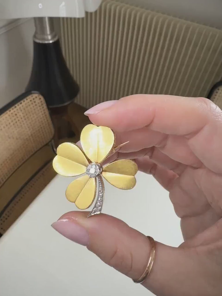 Antique Clover Brooch Diamonds on Yellow Gold
