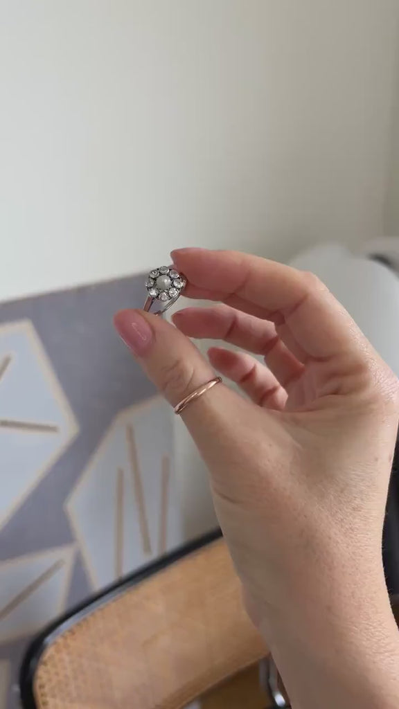 Marguerite Antique Pearl Button and Diamond Ring on White Gold and Platinum