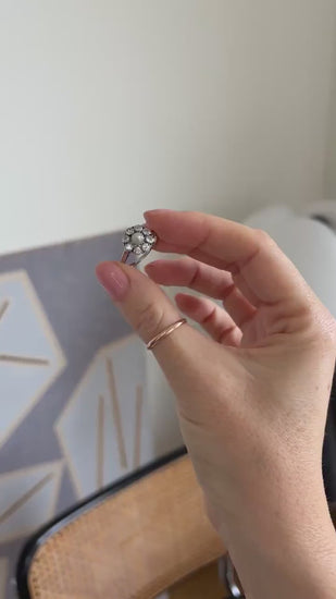 Marguerite Antique Pearl Button and Diamond Ring on White Gold and Platinum