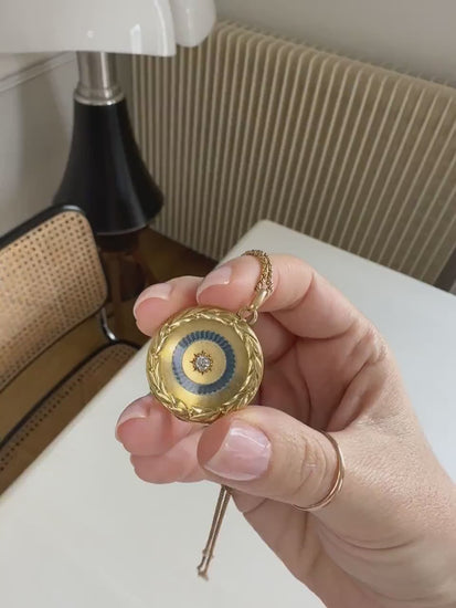 Antique Yellow Gold Diamond Enamel Medallion with Gold Chain and Pearls