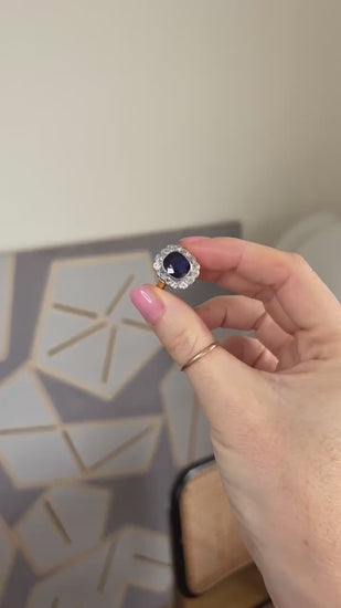 Art Deco Pompadour Ring Unheated Siam Sapphire 3.65 Cts and Diamonds on Pink and White Gold