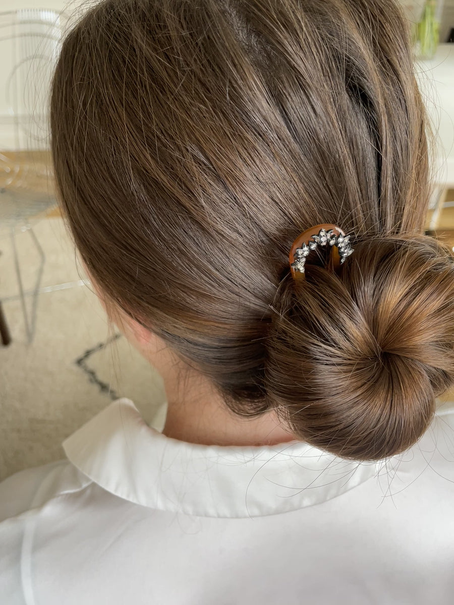 Antique diamond and silver comb on horn