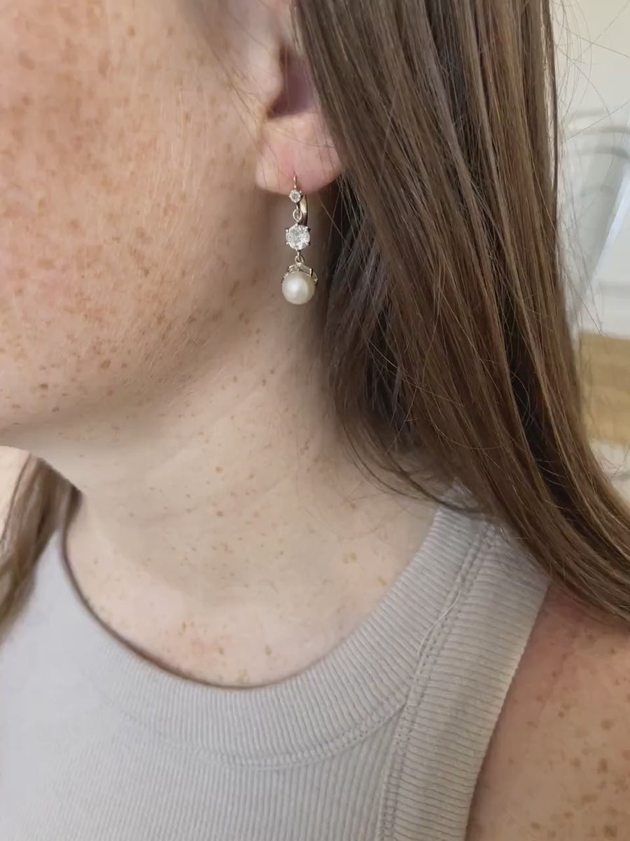Art Deco sleeper earrings in white gold, pearls and diamonds