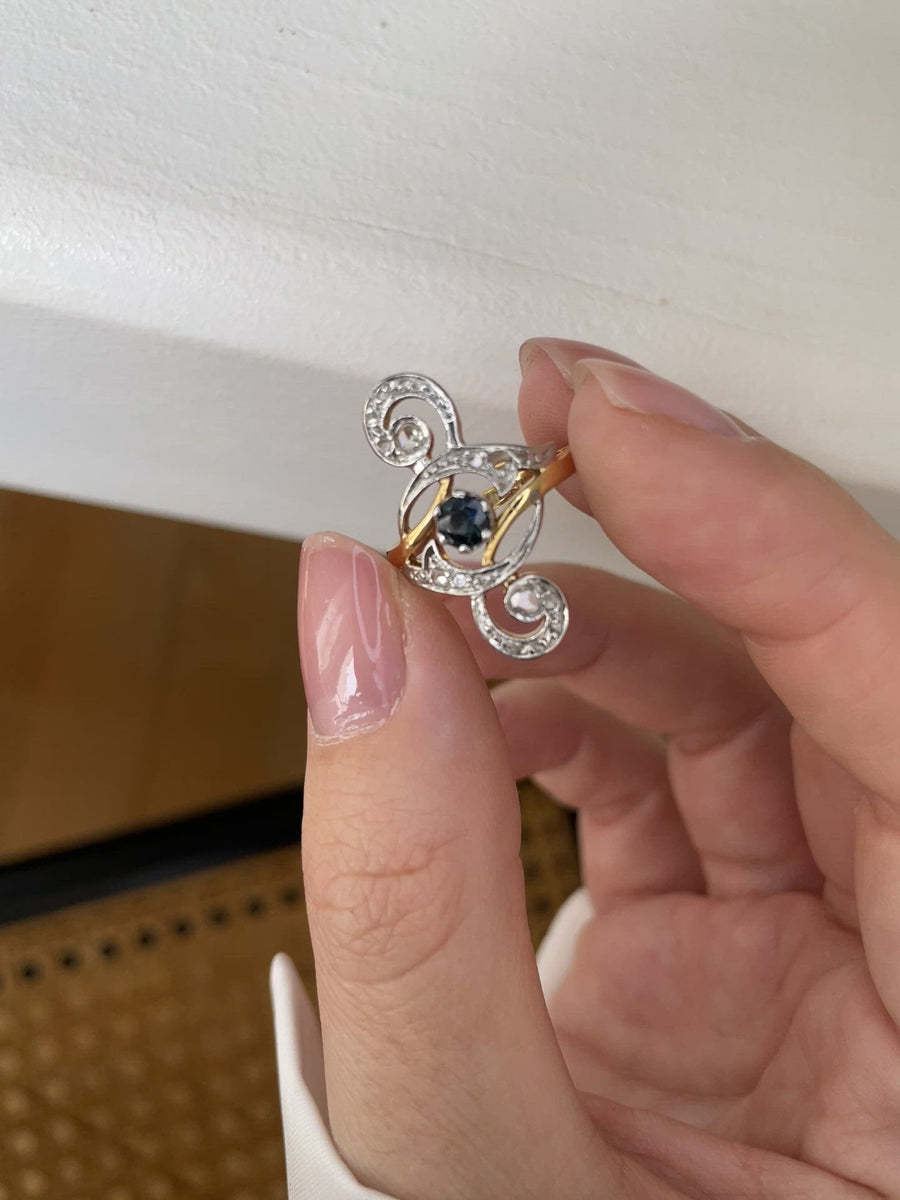 Ring Volutes Diamonds and Sapphire