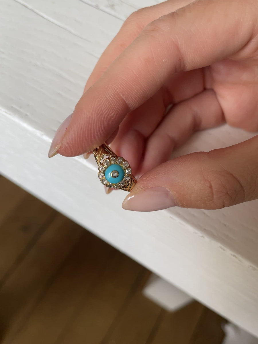 Antique turquoise glass paste and diamond ring
