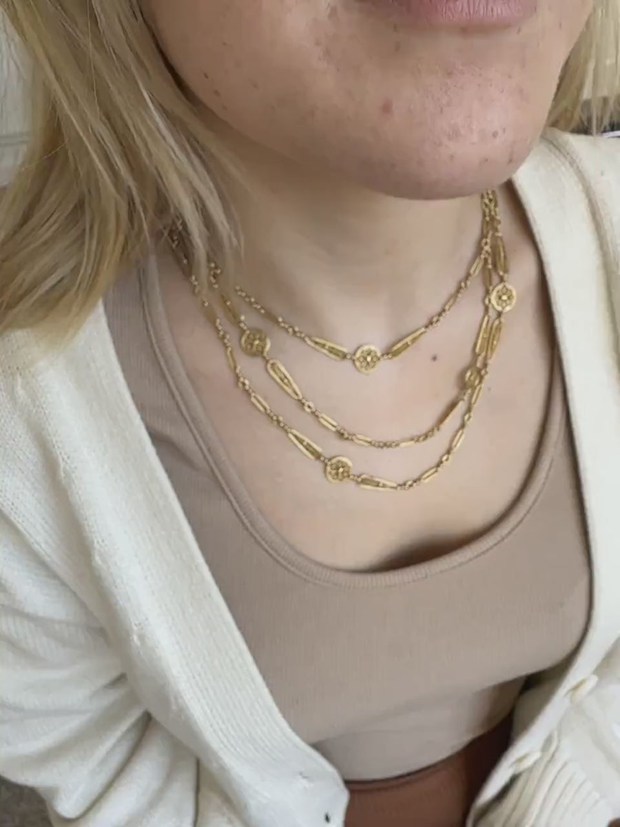 Watch chain, necklace, antique chain 155 cm filigree mesh in yellow gold