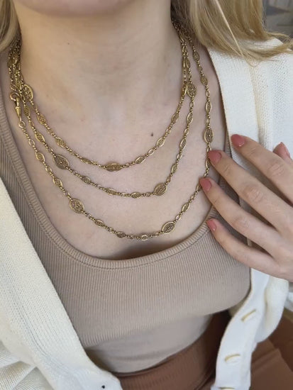 Watch chain, necklace, antique chain 155 cm oval filigree mesh in yellow gold