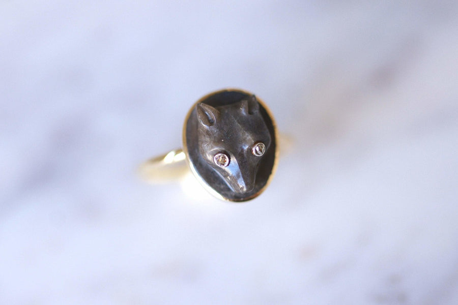 Antique fox cameo ring in labradorite and diamonds on gold - Galerie Pénélope