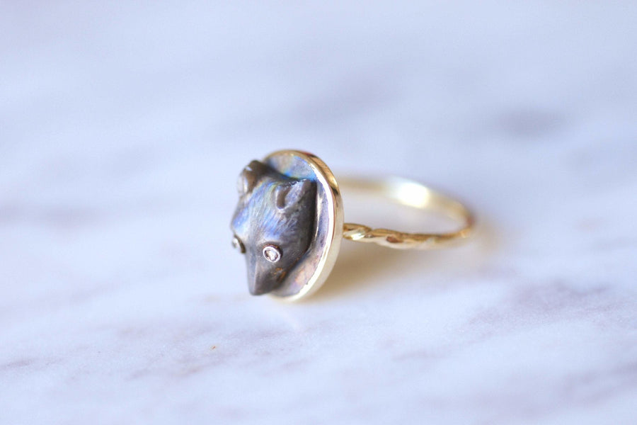 Antique fox cameo ring in labradorite and diamonds on gold - Galerie Pénélope