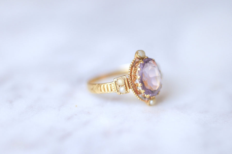 Antique 18Kt Gold Amethyst and Pearls Ring - Galerie Pénélope