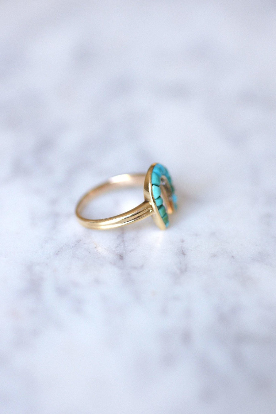 Antique 18Kt gold horseshoe ring with turquoise and diamonds - Penelope Gallery