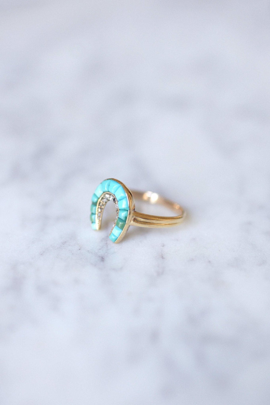 Antique 18Kt gold horseshoe ring with turquoise and diamonds - Penelope Gallery