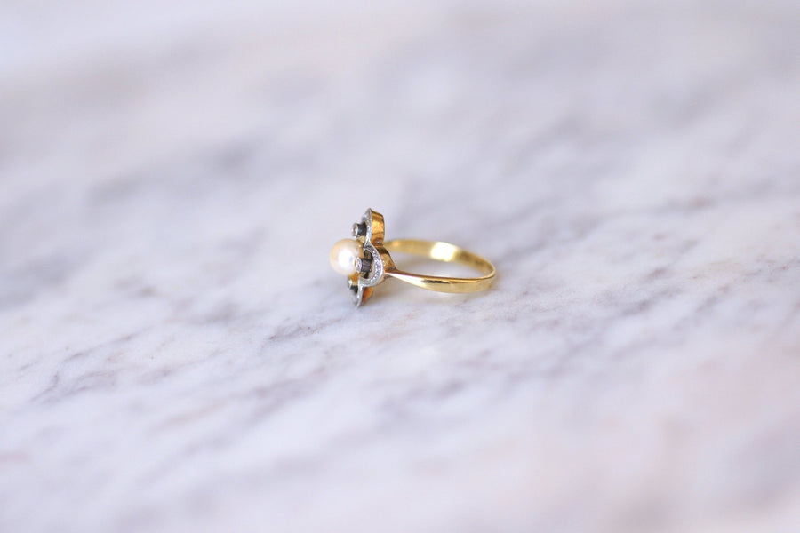 Antique yellow gold flower, pearl and diamond ring - Galerie Pénélope