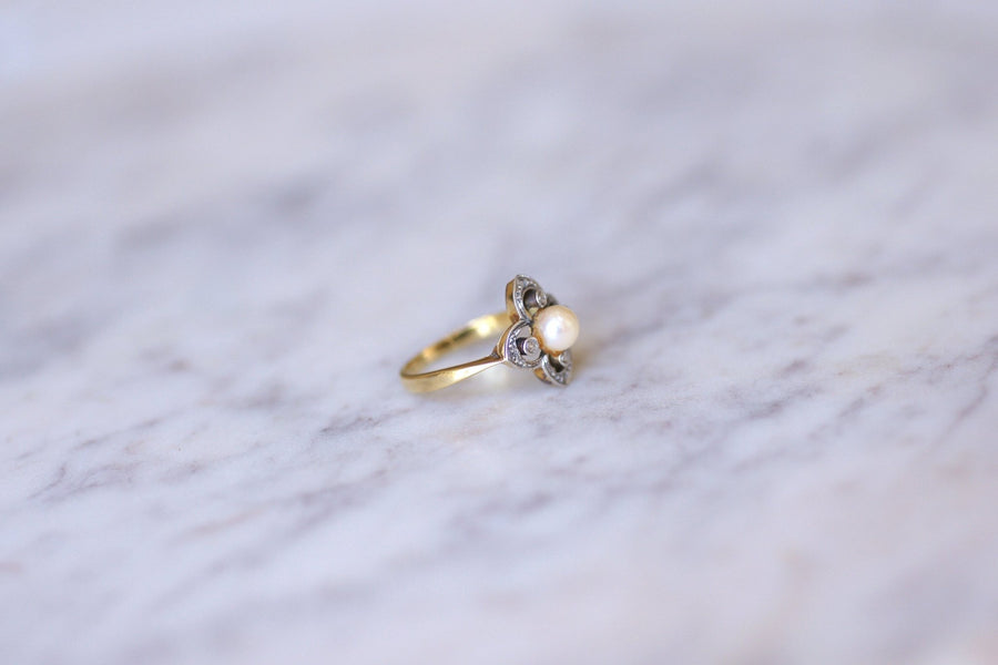 Antique yellow gold flower, pearl and diamond ring - Galerie Pénélope